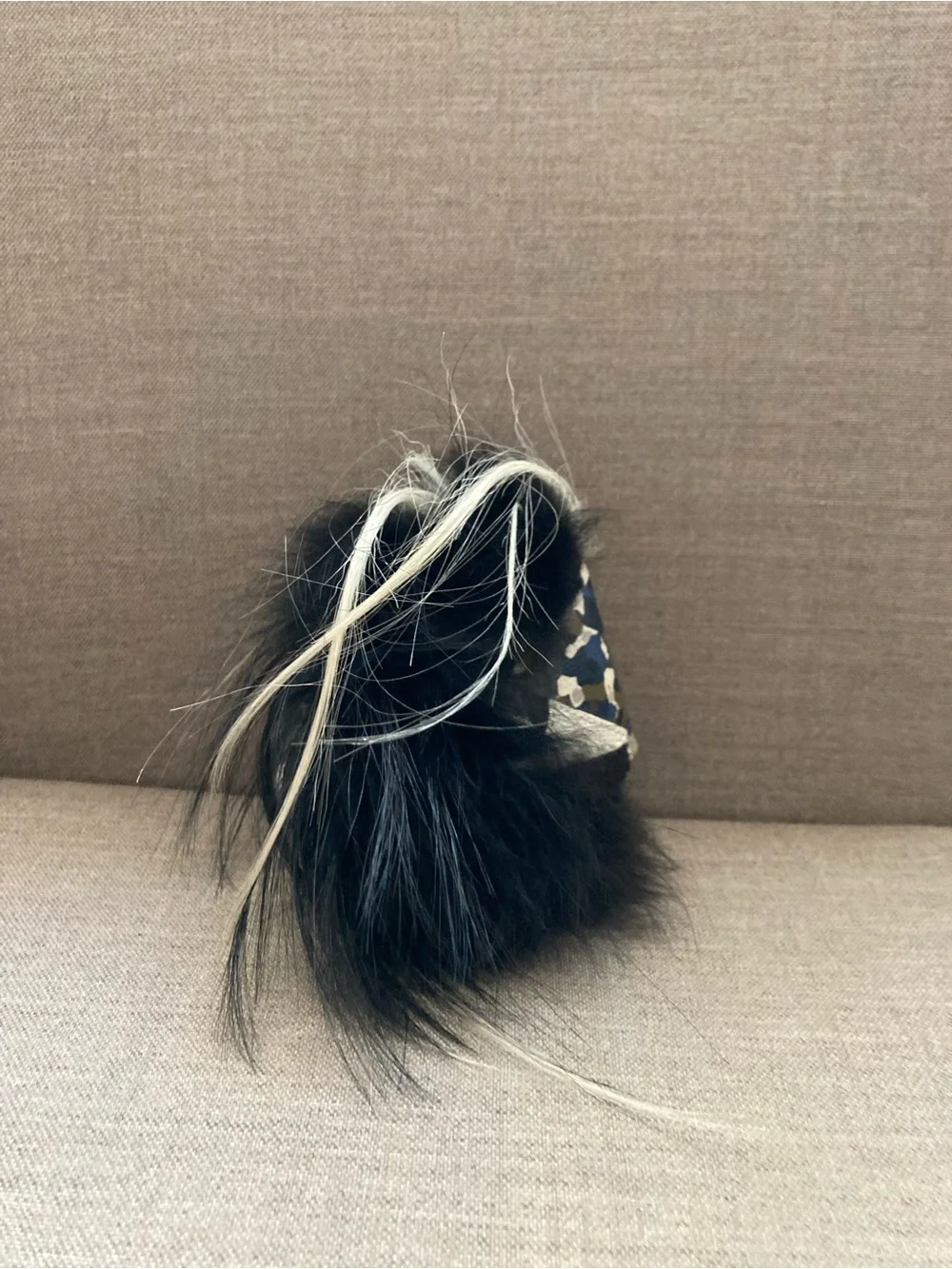 Fendi Black Fur Pom-Pom Key Holder with Blue and Brown Camouflage Accent
